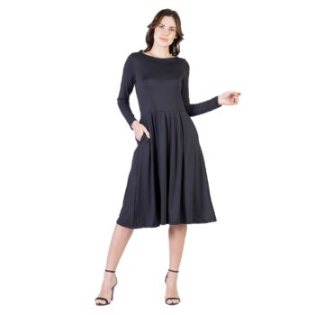 24seven Comfort Apparel Midi Length Fit N Flare Pocket Dress