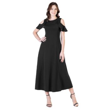 24seven Comfort Apparel Ruffle Cold Shoulder A Line Maxi Dress