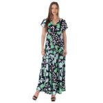 24seven Comfort Apparel Womens Oversized Butterfly Print V Neck Empire Waist Cap Sleeve Maxi Dress